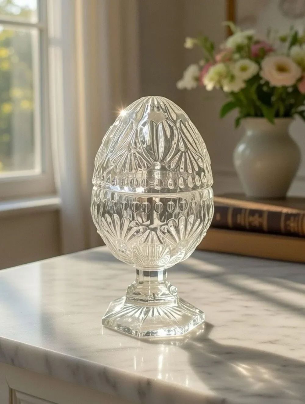 Vintage Pressed Glass Egg Candy Dish w Lid Pedestal Clear Easter 4 Inch
